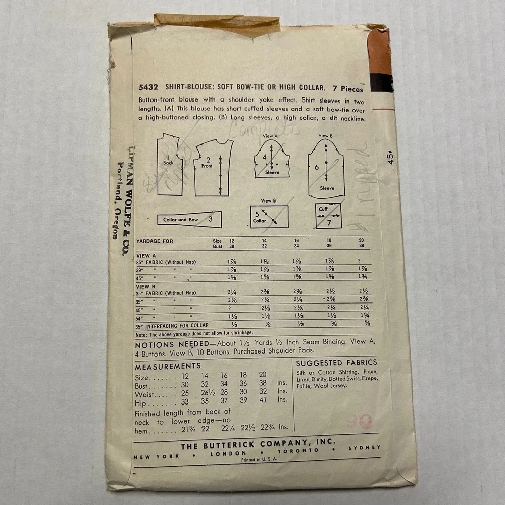 Butterick Vintage 1950's Pattern #5432 Women's‎ Shirt Blouse Size 16